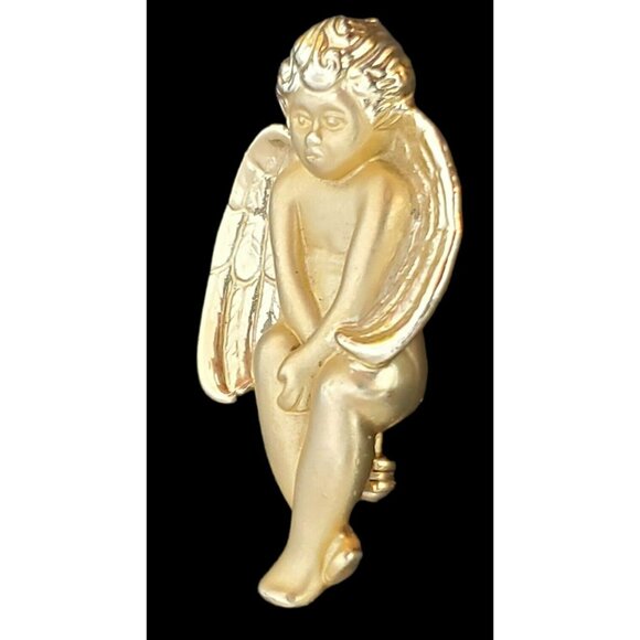 VTG Cherub Boy Angel Pin Brooch Brushed Gold Tone Christmas Holiday Valentines - Picture 3 of 6